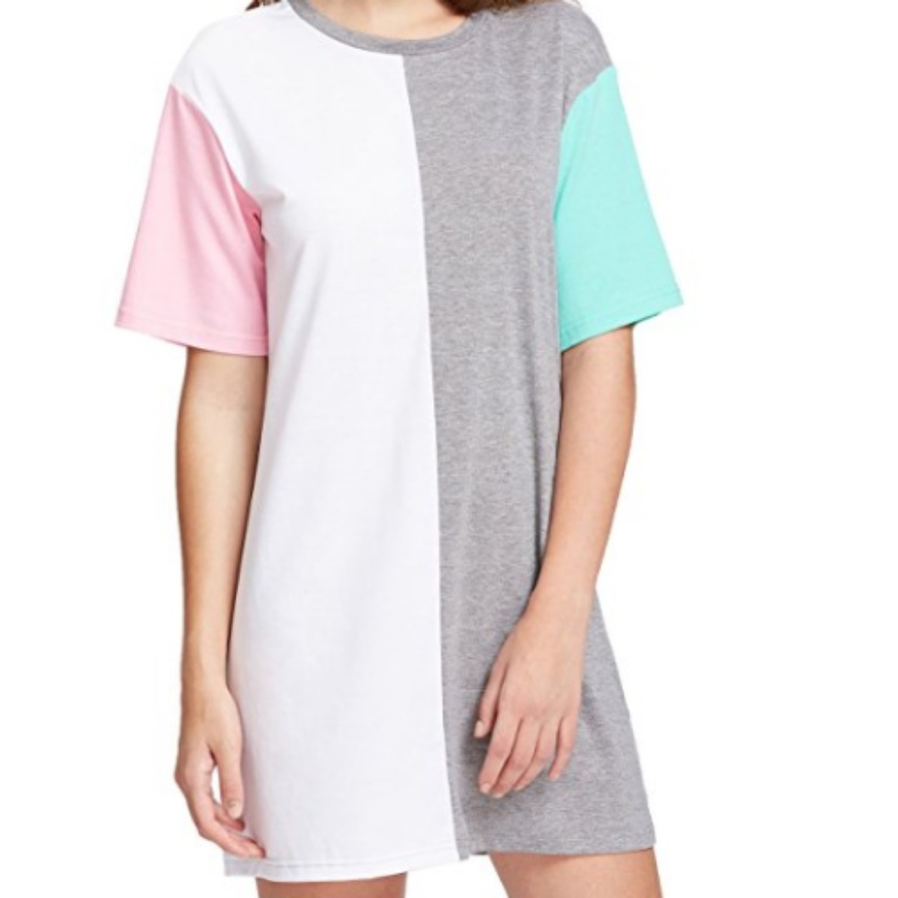 Women's Color Block Cut & Sew Round Neck Tee Dress - Picture 4 of 6